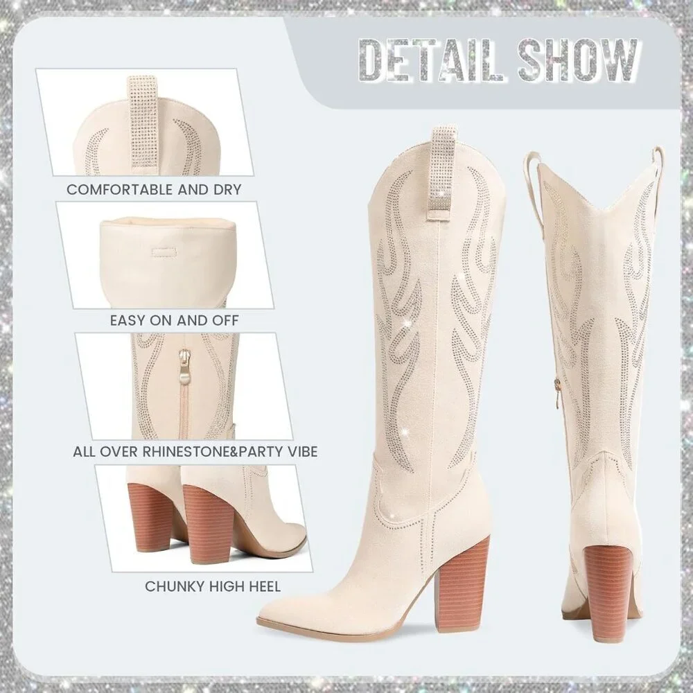 Women's Beige Rhinestones Embroidered Pointed Toe Chunky Heel Knee High Boots